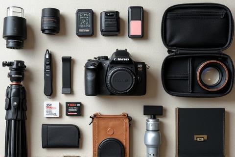 Coleção de acessórios de fotografia, incluindo tripé, bolsa, filtros