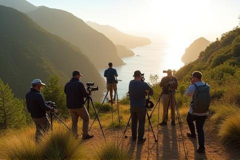 Grupo de fotógrafos tirando fotos em uma bela paisagem